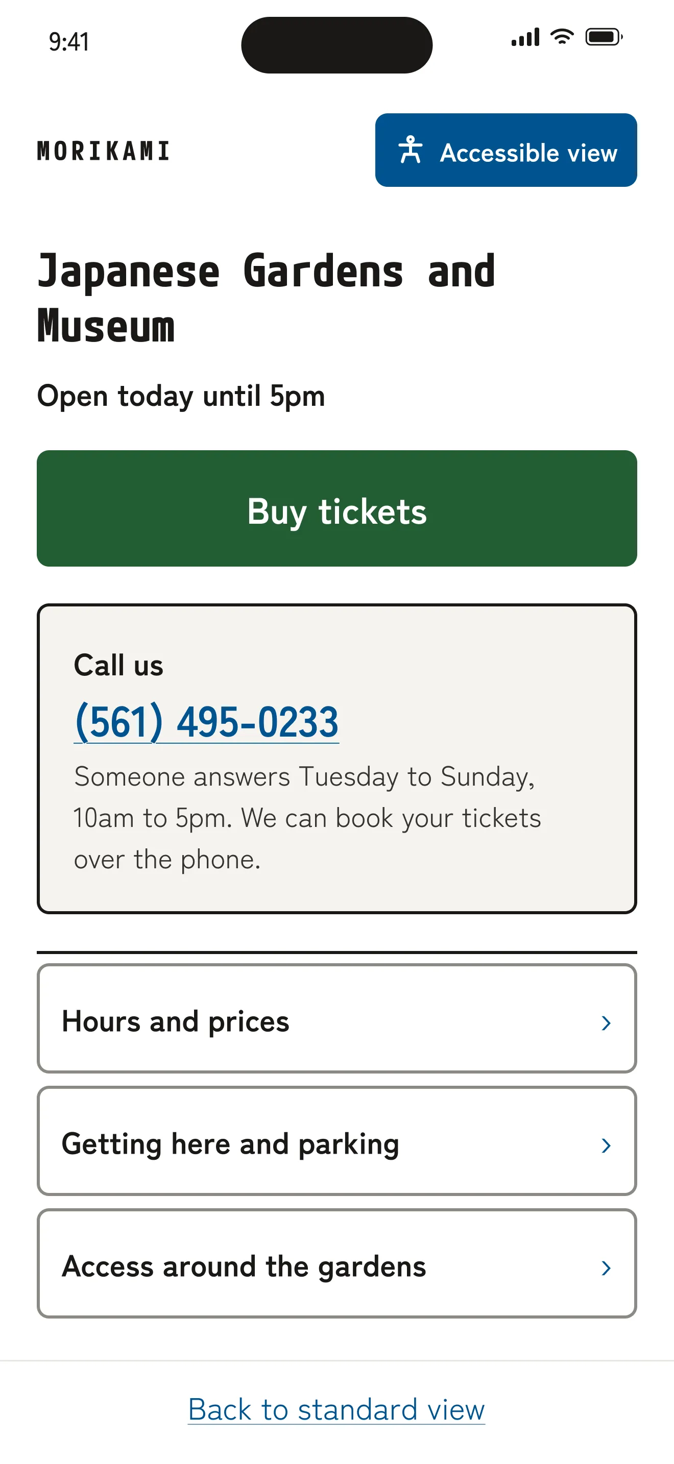 The accessible home screen: white, large type, one Buy tickets button and a Call us box.